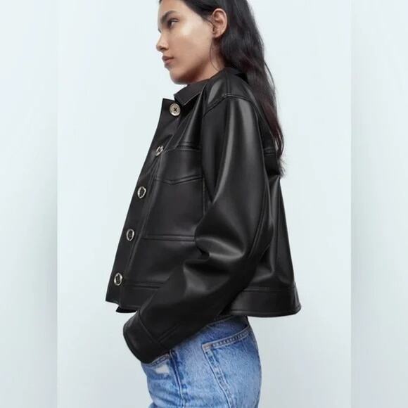Zara Collar Cropped Faux Leather Moto Jacket Patch Pockets Buckle XS Black #3966 - Picture 1 of 15